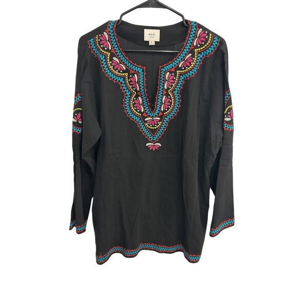 ECI New York Womens Black Tunic 1X Bright Embroidered V-Neck Long Sleeve Top - Picture 1 of 10